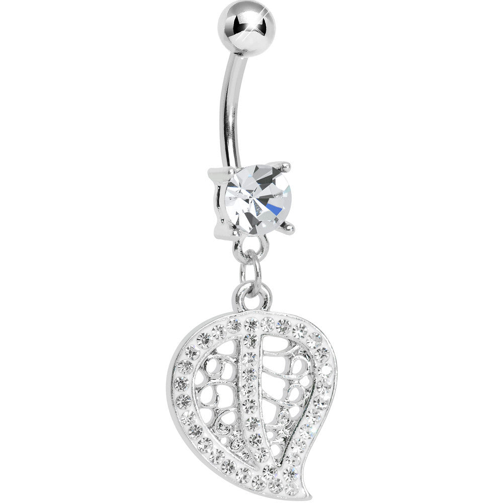 Clear Gem Paved Hollow Leaf Dangle Belly Ring
