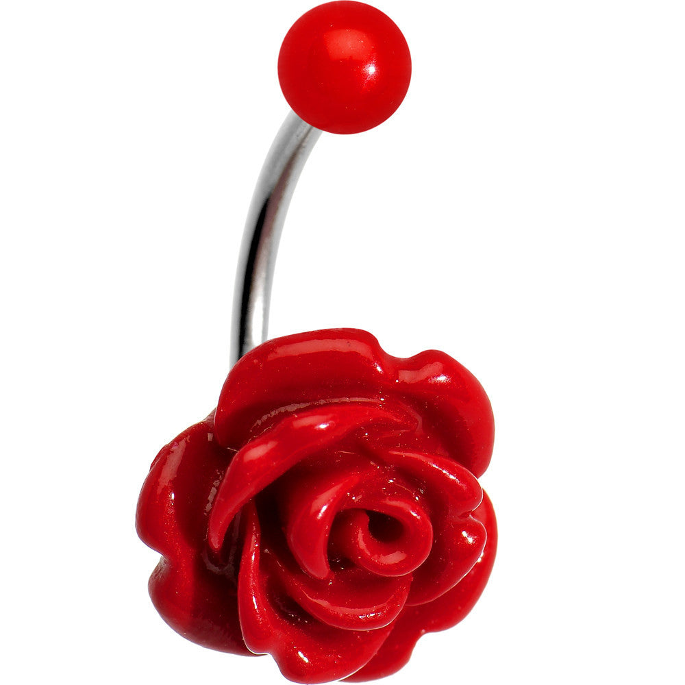 Red Beautiful Blooming Stone Flower Rose J-Bar Belly Ring