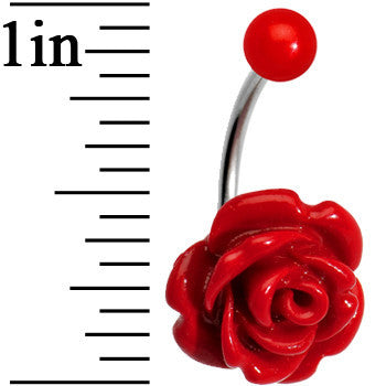 Red Beautiful Blooming Stone Flower Rose J-Bar Belly Ring