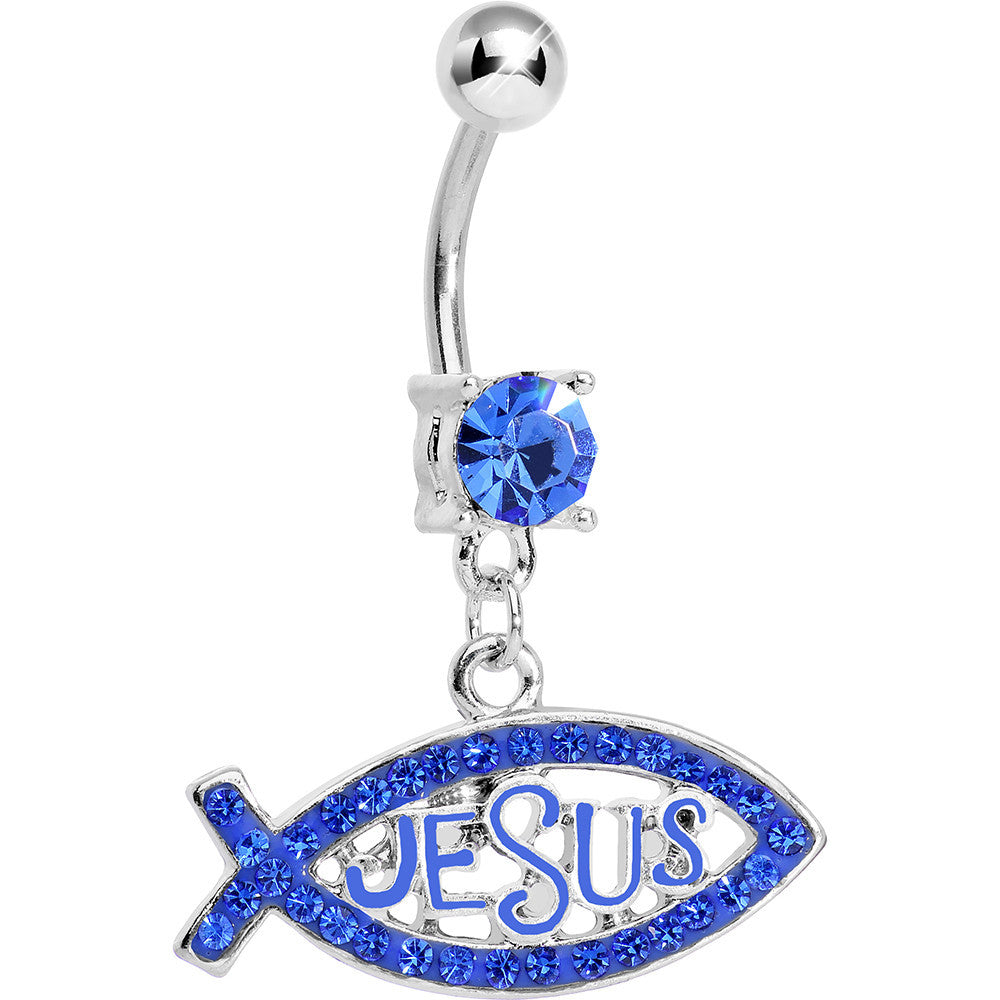 Blue Gem Paved Christian Jesus Fish Dangle Belly Ring