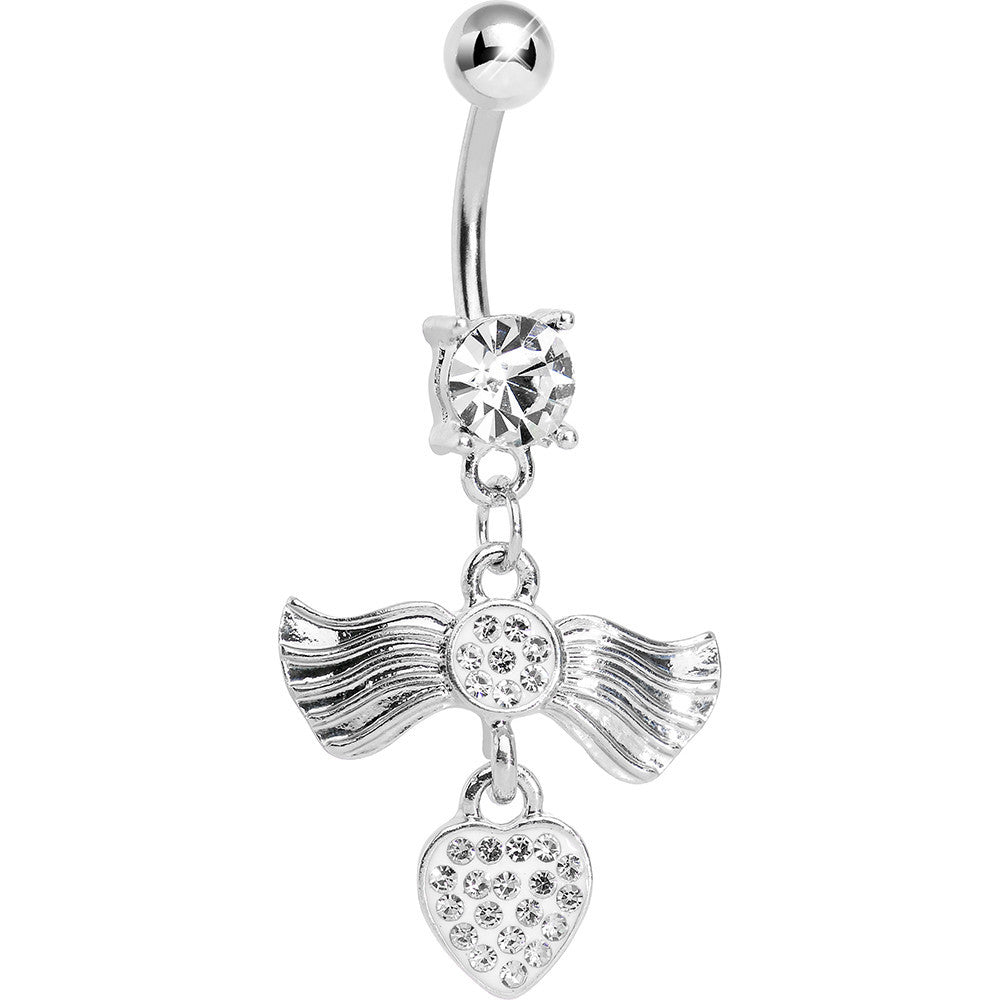 Crystalline Gem Fancy Angel Wings Paved Heart Dangle Belly Ring