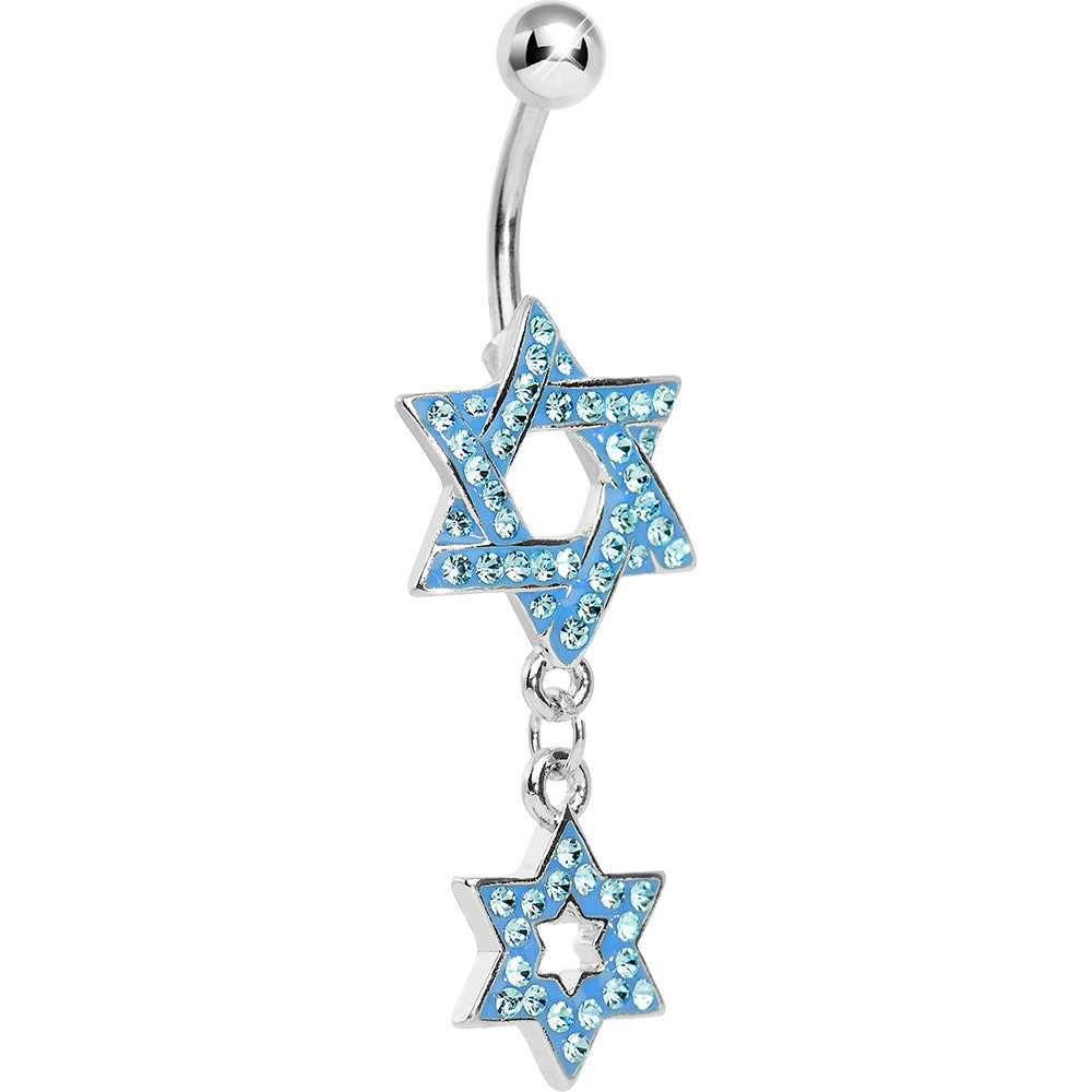 Aqua Gem Paved Double Star of David Dangle Belly Ring
