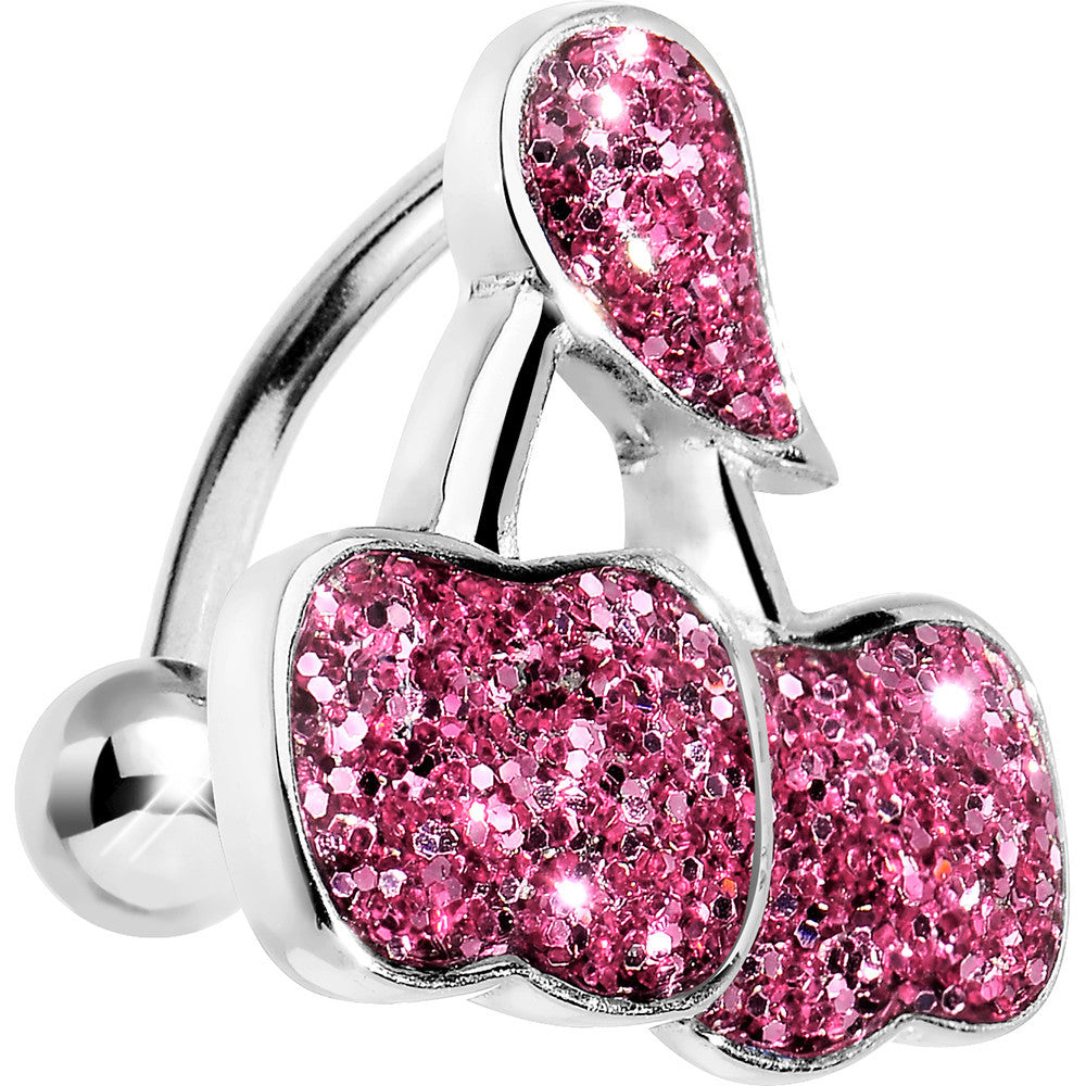 Pink Glitter Double Cherry Top Mount Belly Ring
