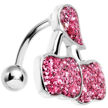 Pink Glitter Double Cherry Top Mount Belly Ring