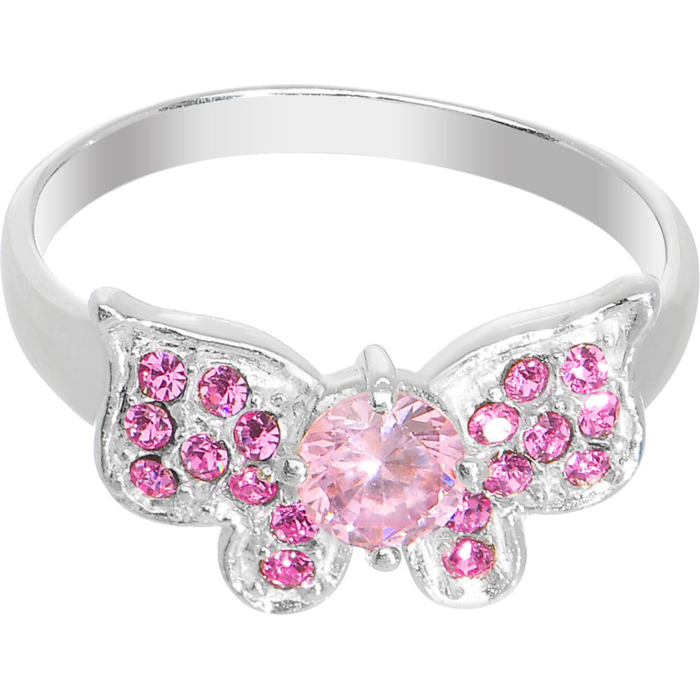 925 Sterling Silver Pink CZ Floating Butterfly Ring - Size 7