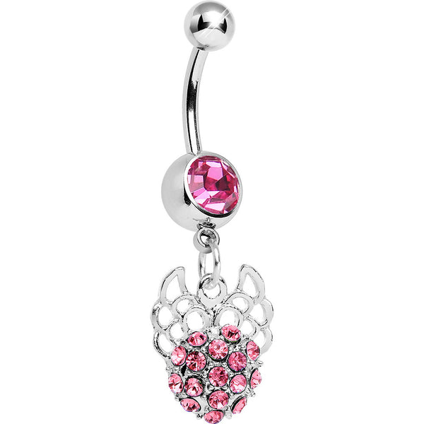 Pink Gem Paved Ball with Filigree Wings Dangle Belly Ring
