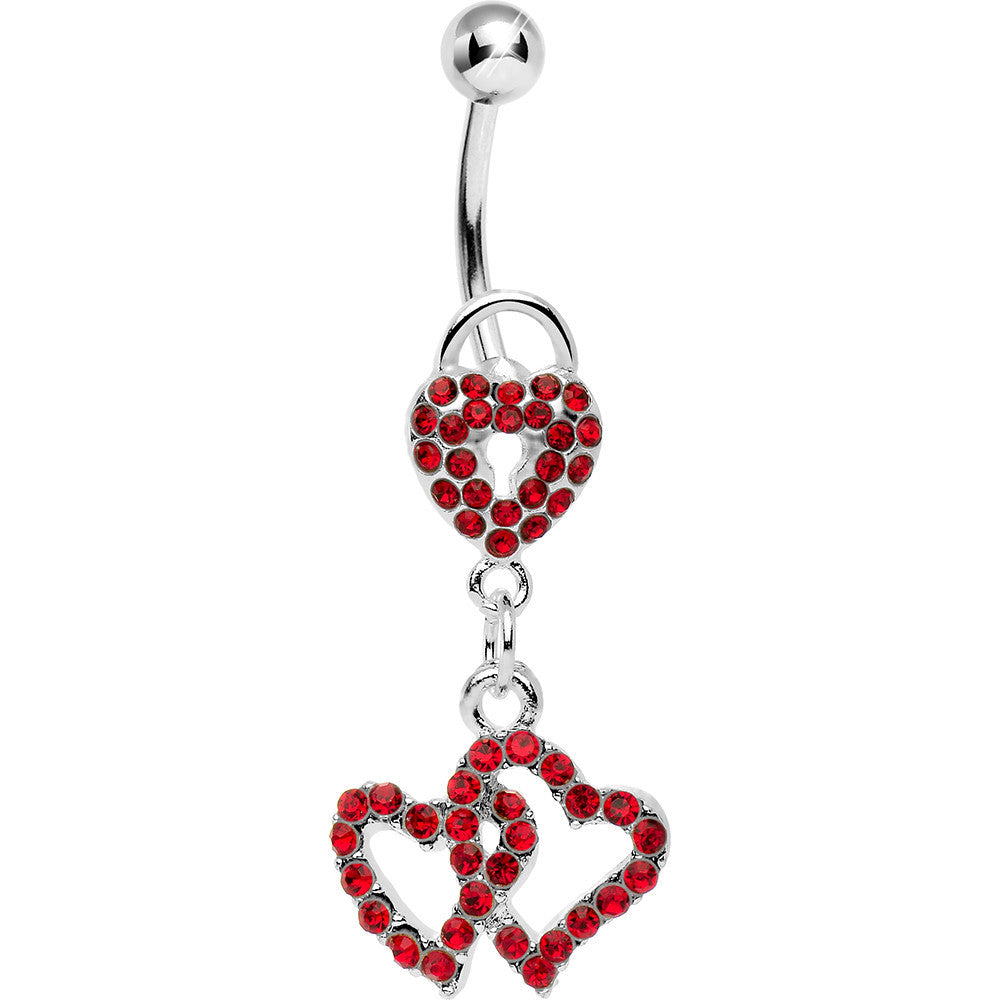 Red Gem Triple Amorous Hearts Dangle Belly Ring