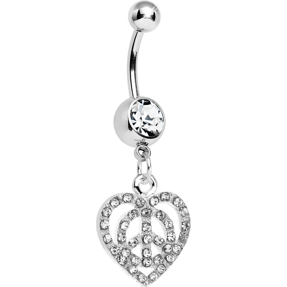 Clear Gem Paved Peace Sign Heart Dangle Belly Ring