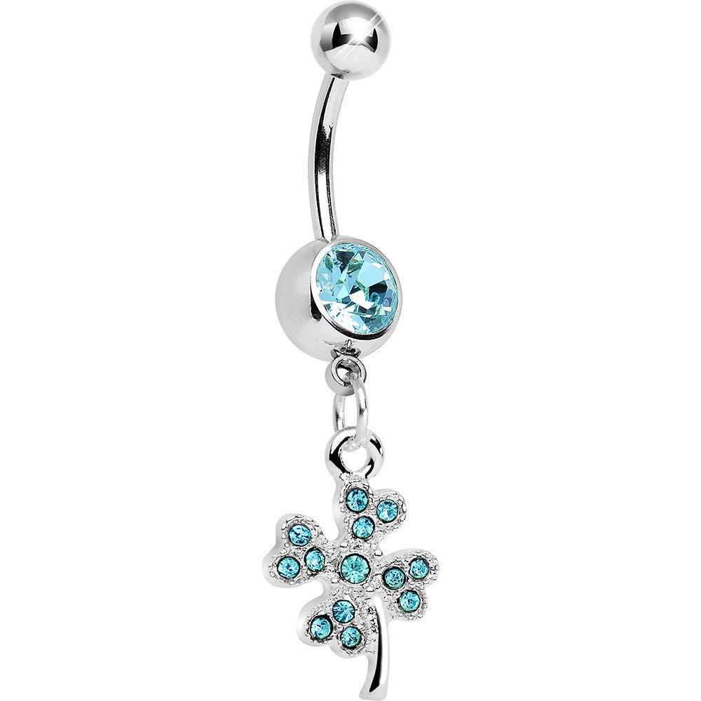 Aqua Gem Delicate Four Leaf Clover Dangle Belly Ring
