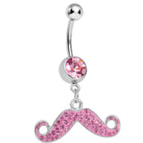 Pink Gem Paved Super Fun Mustache Dangle Belly Ring