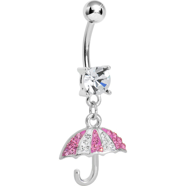 Crystalline Pink Gem Paved April Showers Umbrella Dangle Belly Ring