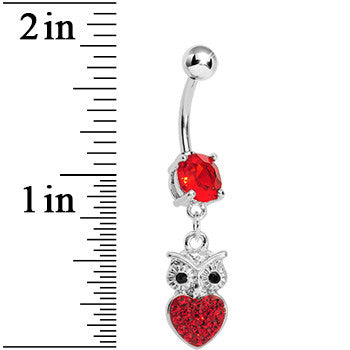 Red Gem and Paved Heart For the Love of Owls Dangle Belly Ring