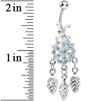 Aqua Gem Leafy Flower Dangle Belly Ring