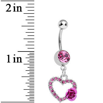 Pink Gem Paved Hollow Heart with Sweet Rose Flower Dangle Belly Ring