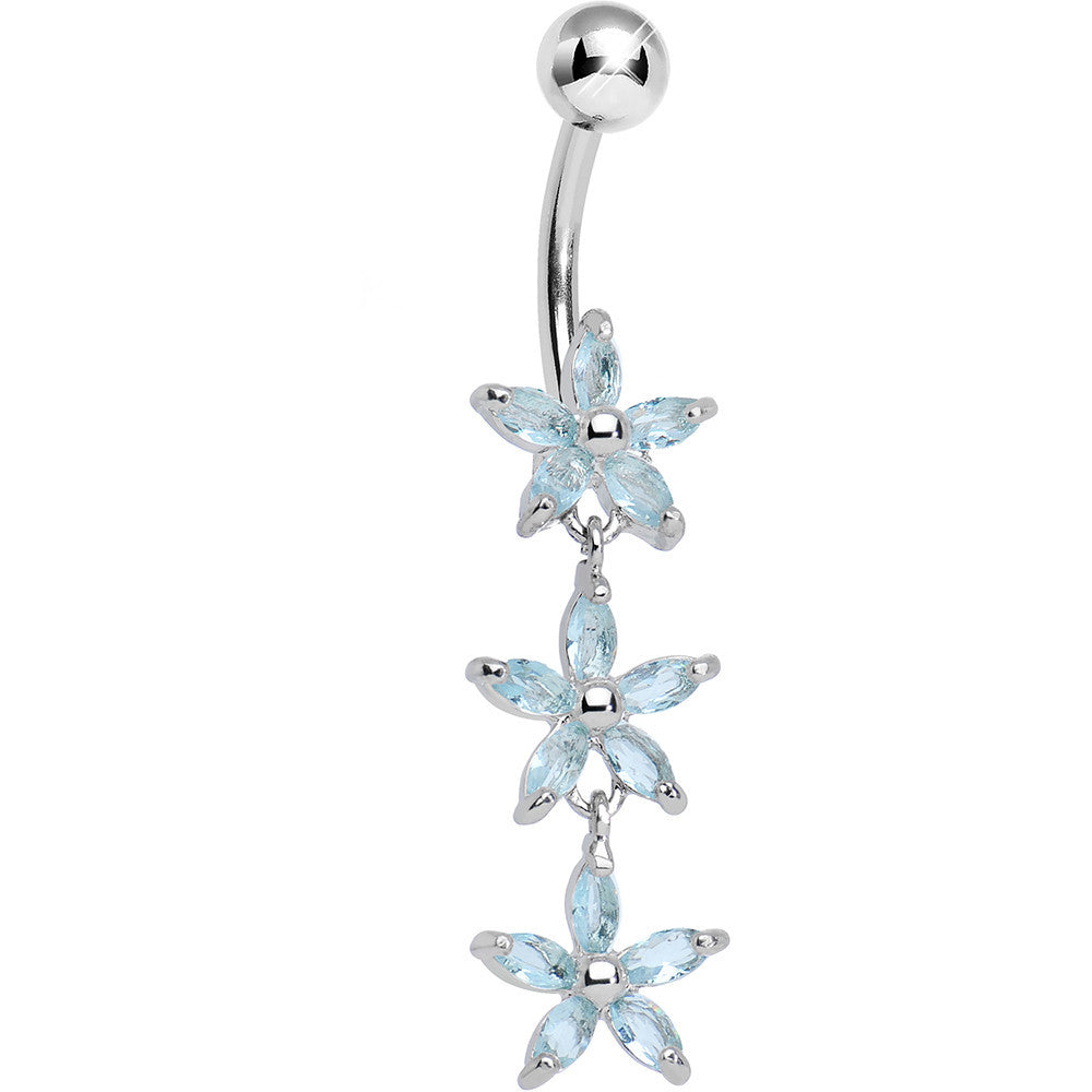 Aqua Gem Triple Spring Flower Dangle Belly Ring