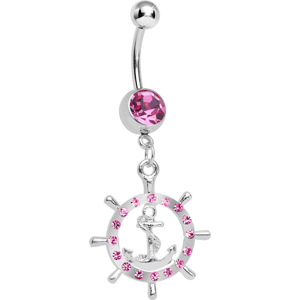 Pink Gem Ship Wheel and Anchor Dangle Belly Ring