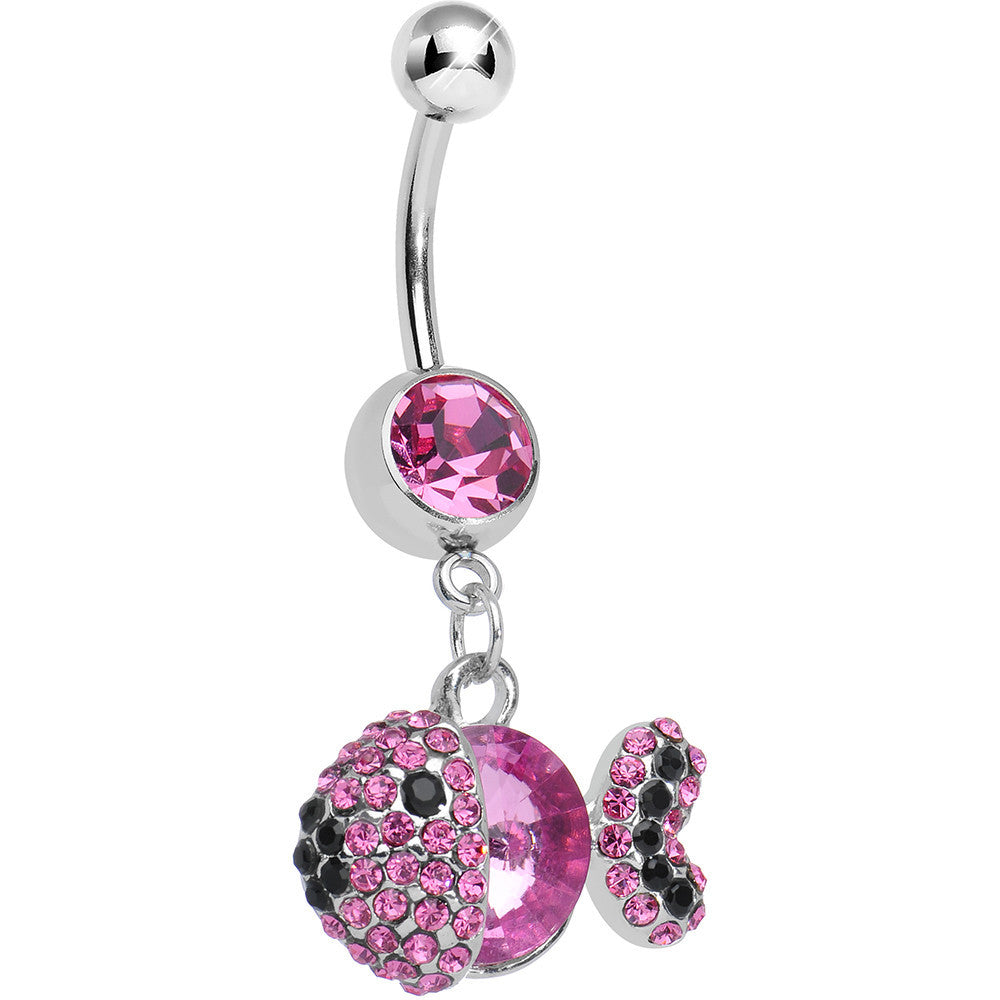 Pink Gem Paved Dazzling Fish Dangle Belly Ring