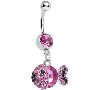 Pink Gem Paved Dazzling Fish Dangle Belly Ring
