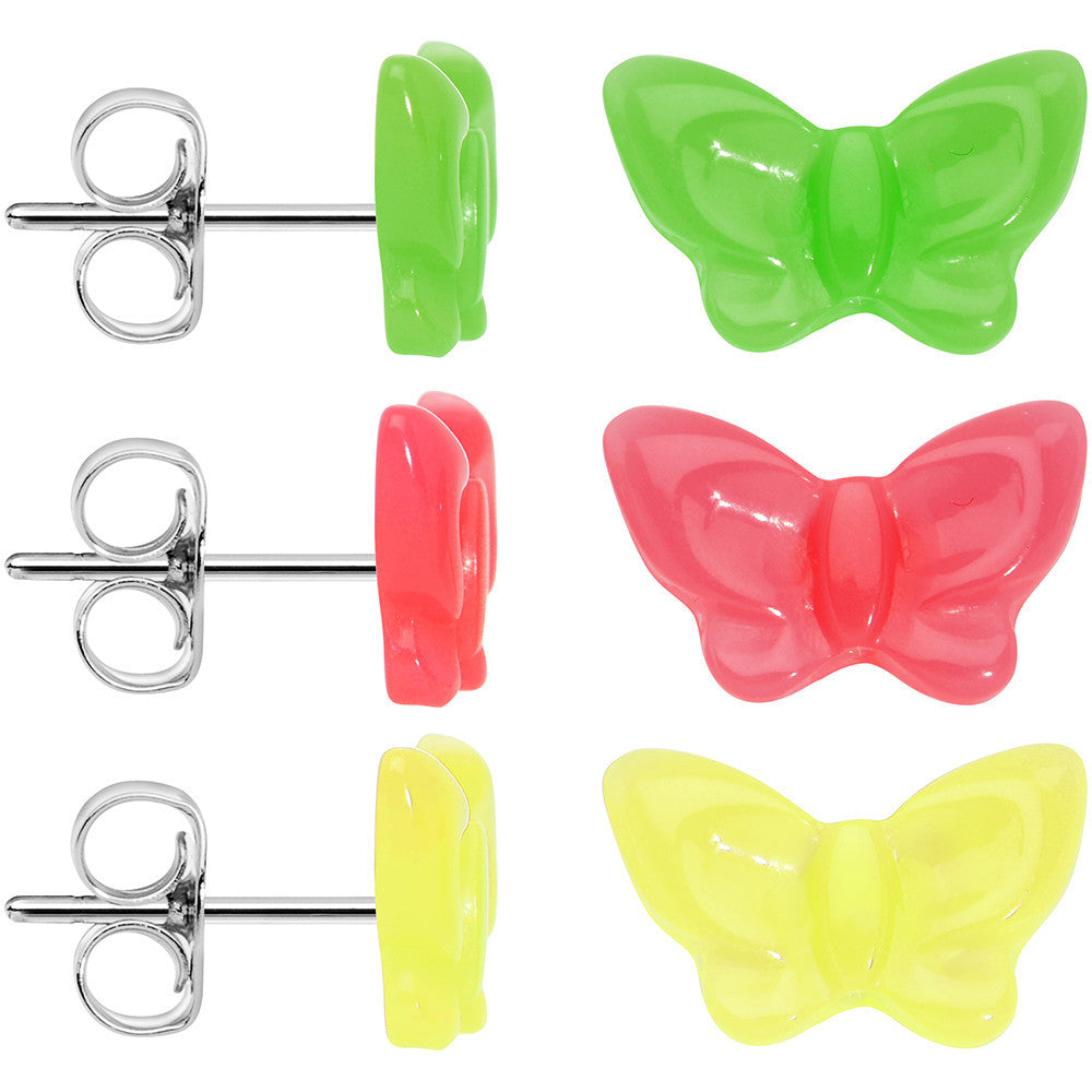 14mm Acrylic Neon Butterfly Stud Earring Set