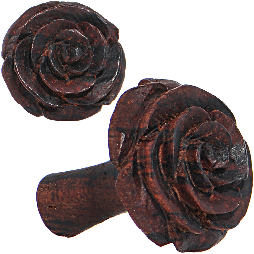 6 Gauge Organic Rengas Wood Cherry Rosebud Hand Carved Plug Set