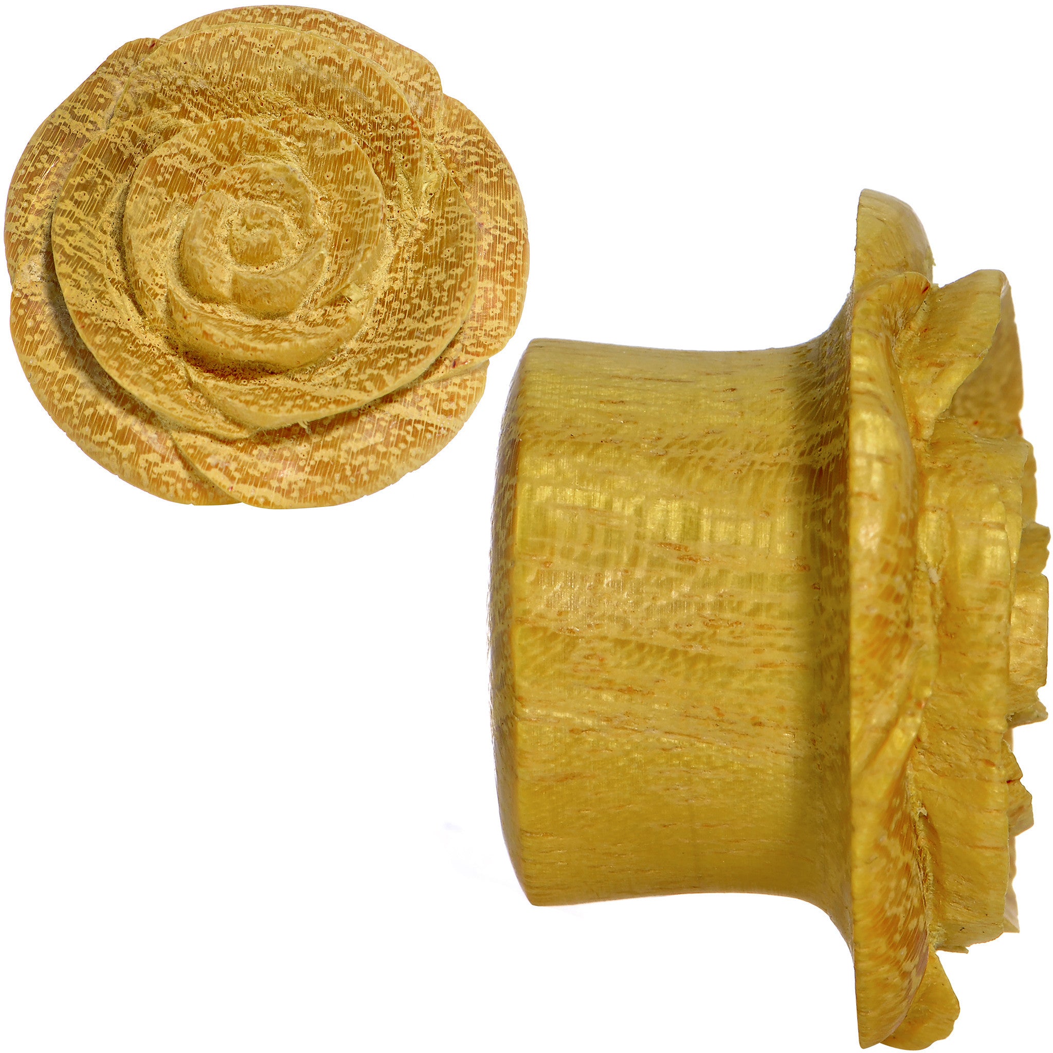 7/8 Organic Jackfruit Wood Yellow Rosebud Hand Carved Plug Set