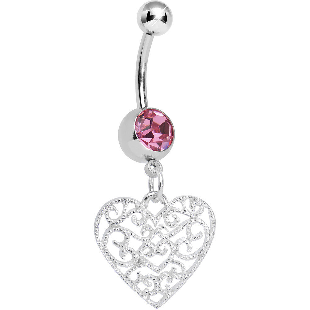 Pink Gem Filigree Heart Dangle Belly Ring