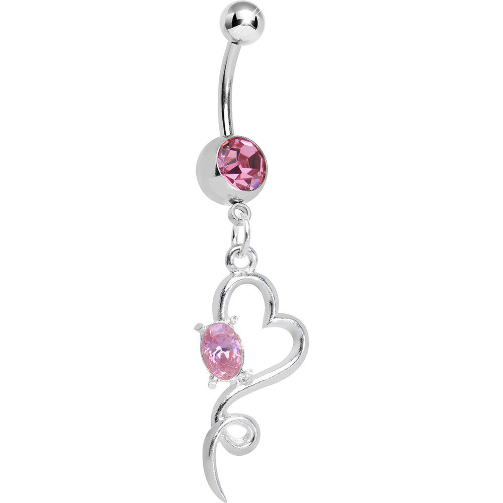 Pink Gem Opening Hollow Heart Twist Dangle Belly Ring