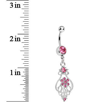 Pink Gem Ensnared in Roots Flower Dangle Belly Ring