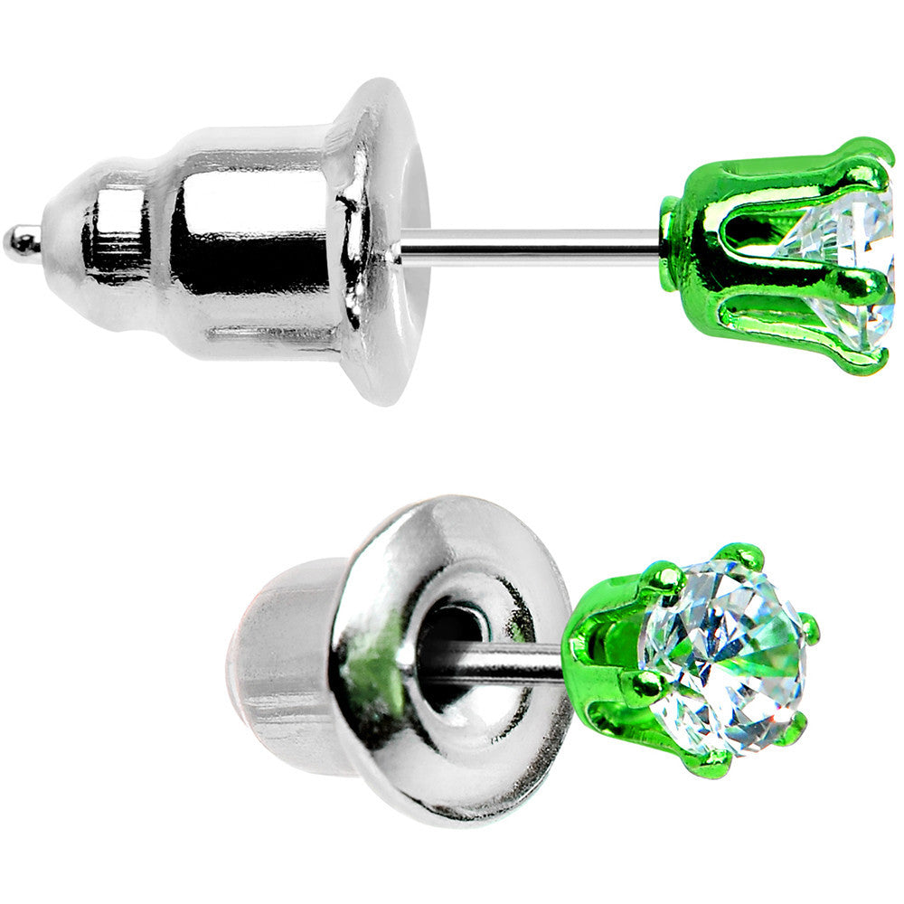 3mm Neon Green Round Clear CZ Stud Earrings