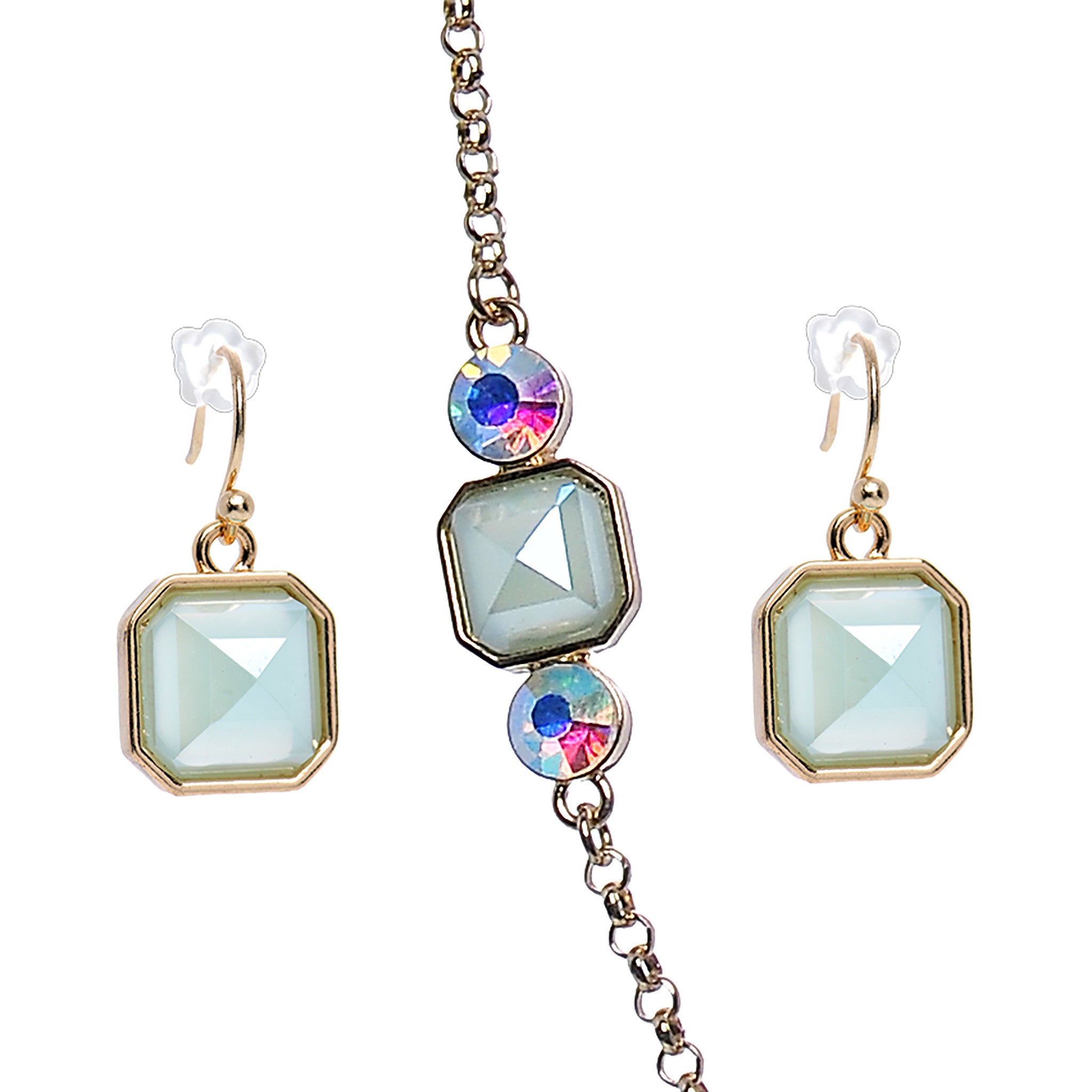 Aurora Gem Mint Green Octagon Faux Stone Dangle Earrings Necklace Set