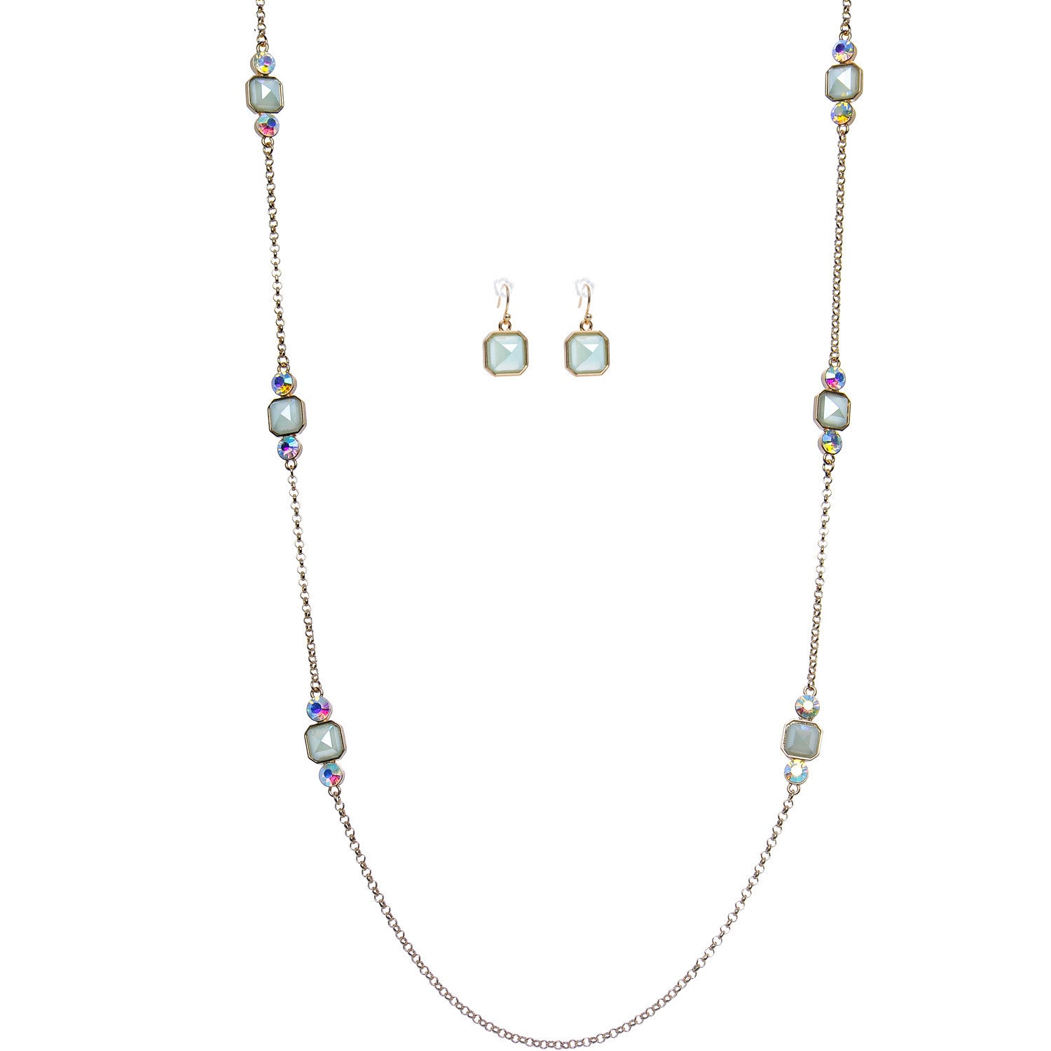 Aurora Gem Mint Green Octagon Faux Stone Dangle Earrings Necklace Set