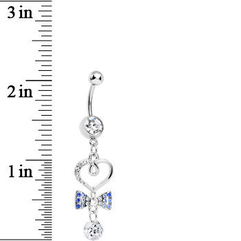 Clear CZ Drop Blue Gem Bow Half Paved Heart Dangle Belly Ring