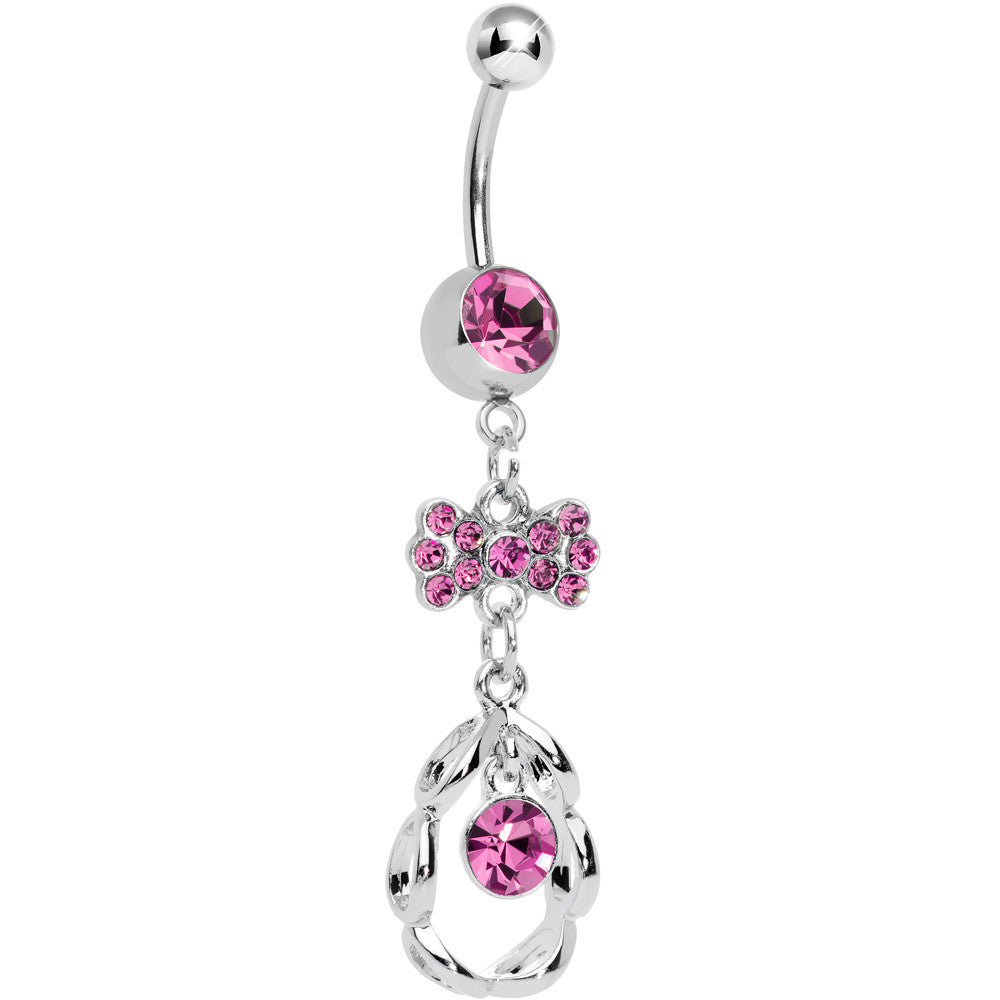 Pink CZ Drop in a Drop and Sparkling Bow Dangle Belly Ring