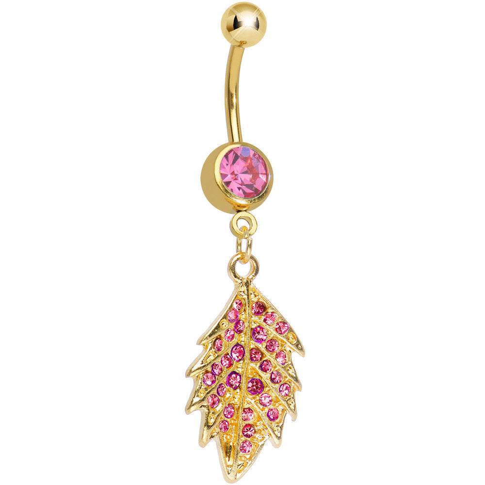 Pink Gem Gold Plated Delicate Drifting Leaf Dangle Belly Ring