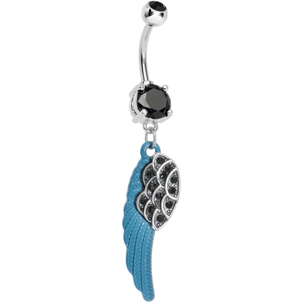 Black Paved Gem On the Blue Wing of an Angel Dangle Belly Ring