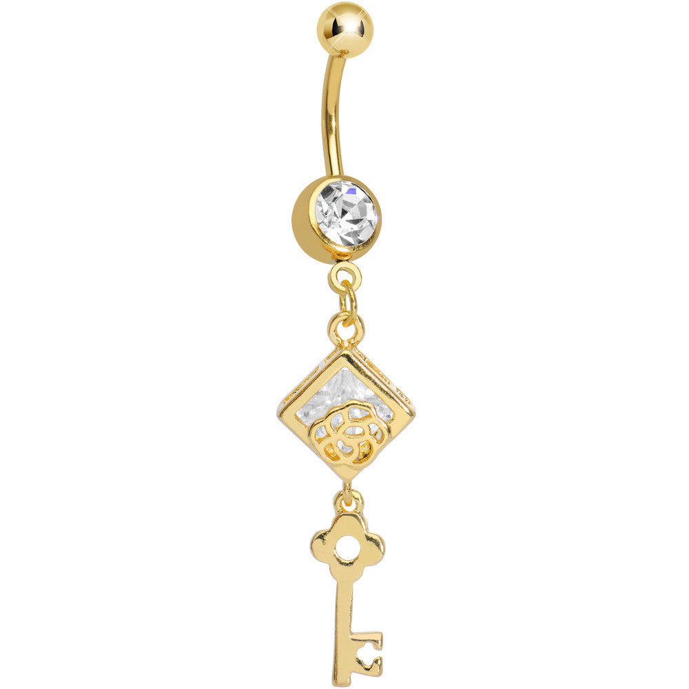 Digestive Key Ring Clear Gem Gold Plated Key to My Diary Dangle Belly Ring