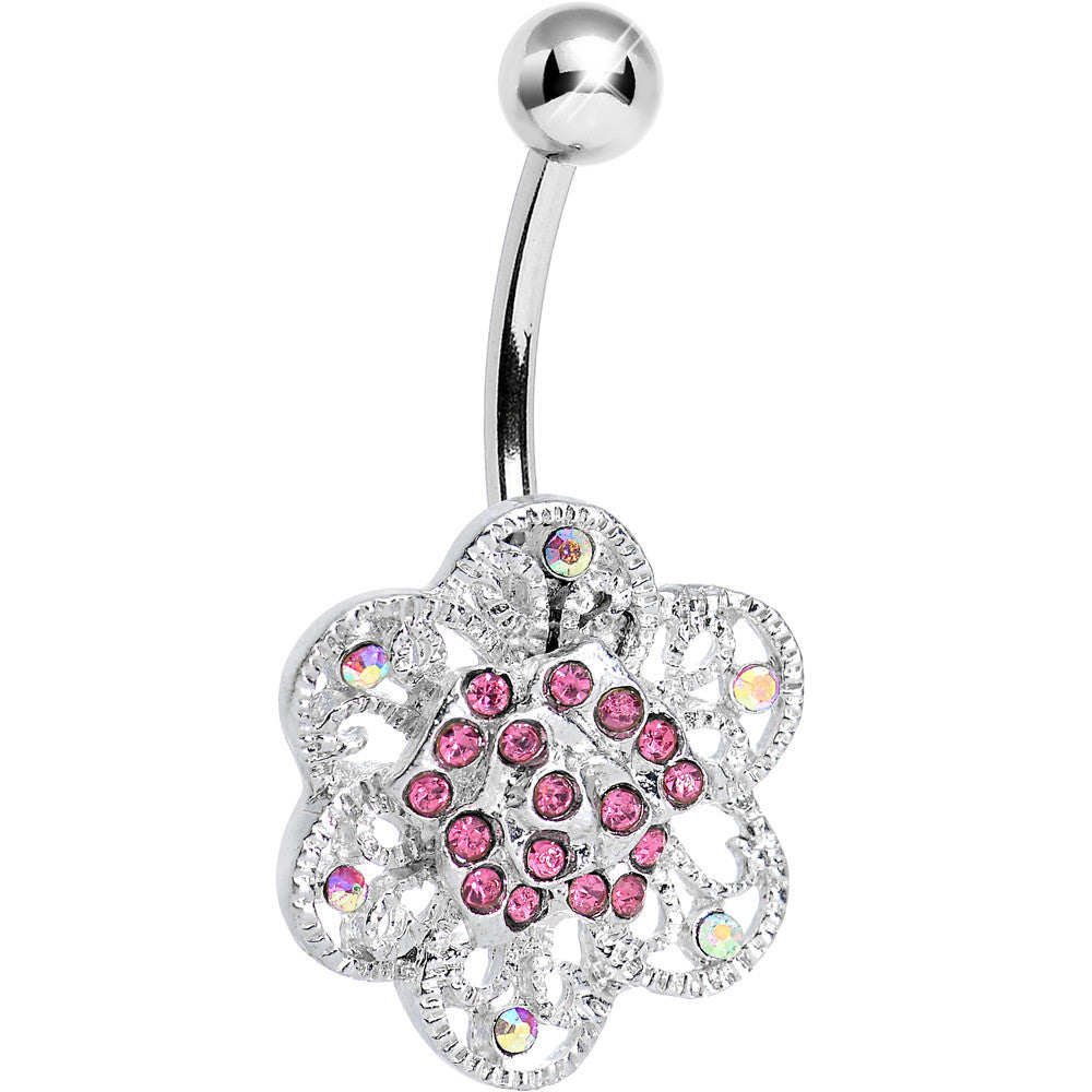 Pink Aurora Gem Dazzling Daisy Flower Belly Ring
