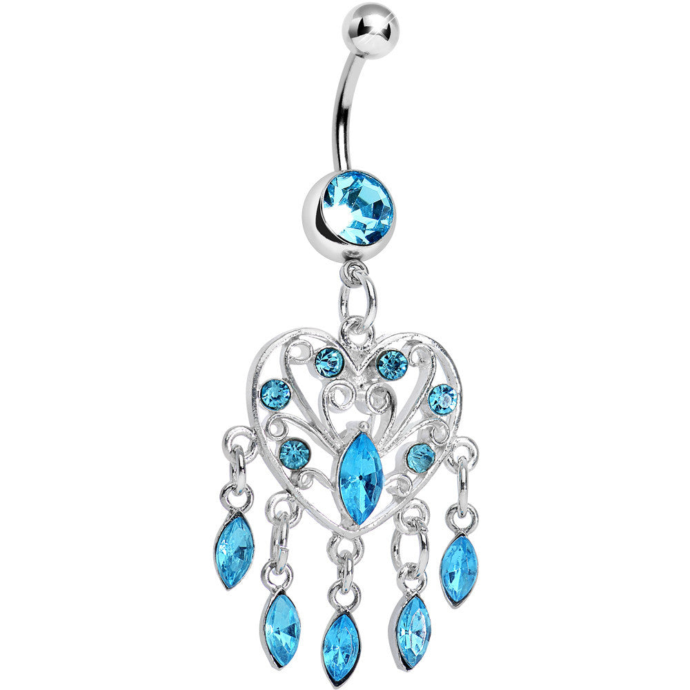 Aqua Gem Shimmering Teardrop Heart Dangle Belly Ring