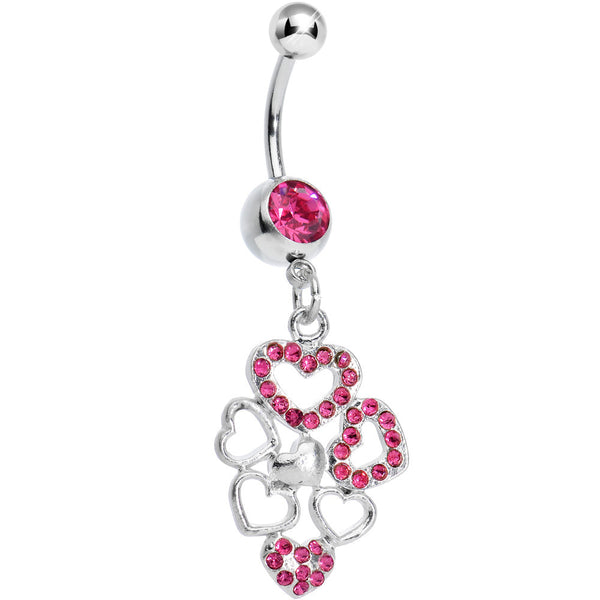 Pink Gem Clusters of Love Heart Dangle Belly Ring