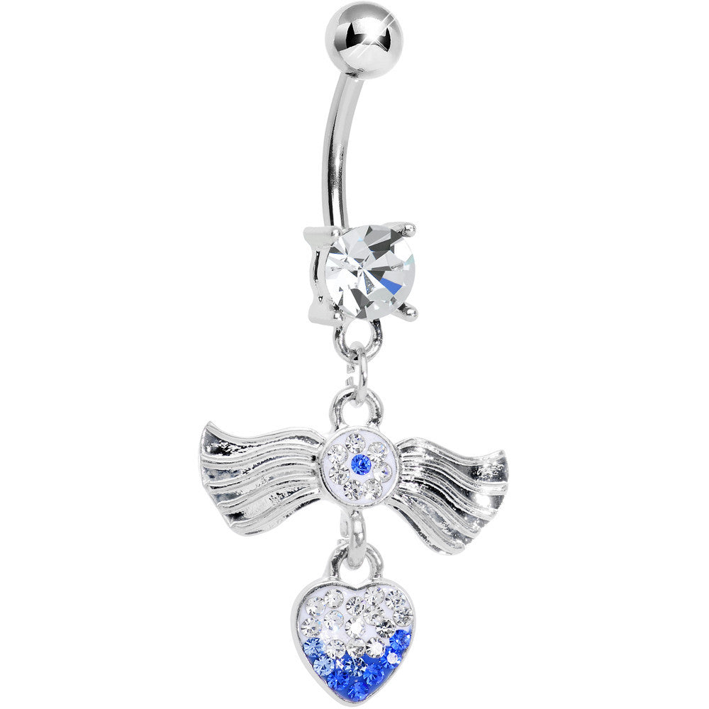 Clear Gem Fancy Angel Wings Clear Blue Paved Heart Dangle Belly Ring