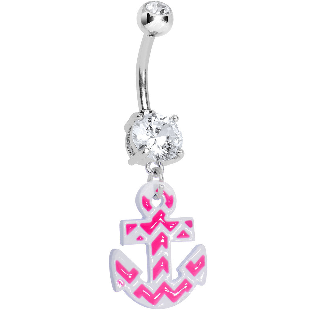 Clear Gem Pink and White Chevron Anchor Dangle Belly Ring