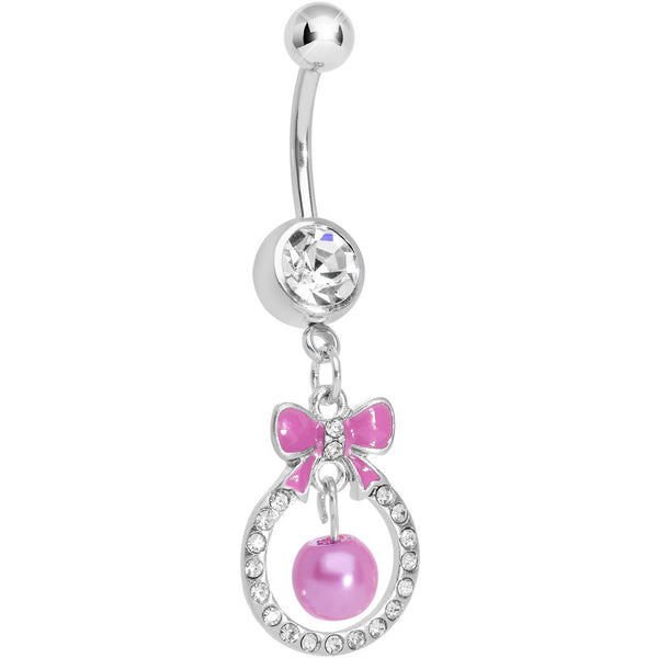 Clear Gem Pink Bow Wreathed Faux Pearl Dangle Belly Ring
