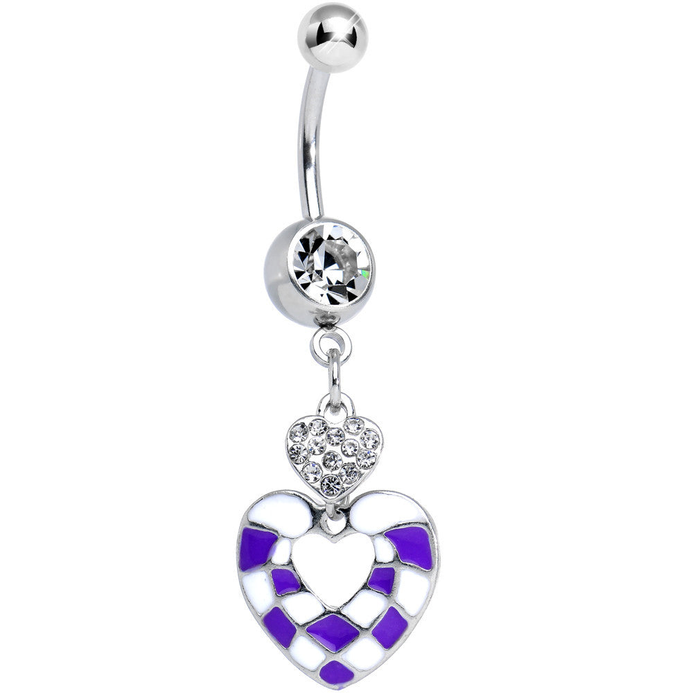 Clear Gem Purple and White Checkerboard Queen Heart Dangle Belly Ring