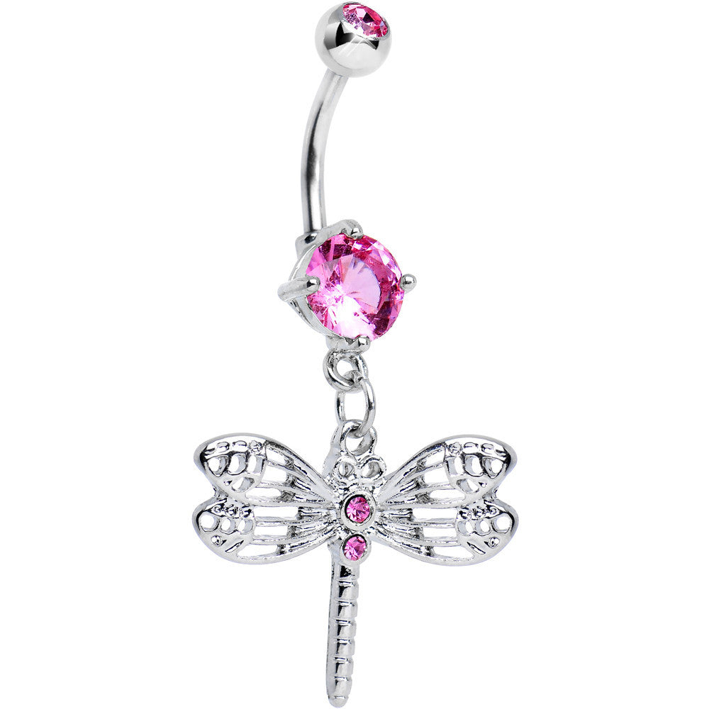 Double Pink Gem Hollow Dragonfly Dangle Belly Ring
