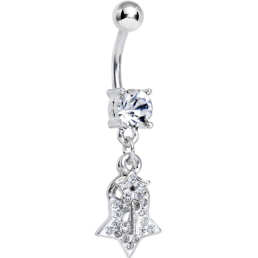 Clear Gem Double Dazzling Star Lock and Key Dangle Belly Ring