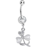 Clear Gem White Pearlescent Petals Flower Dangle Belly Ring
