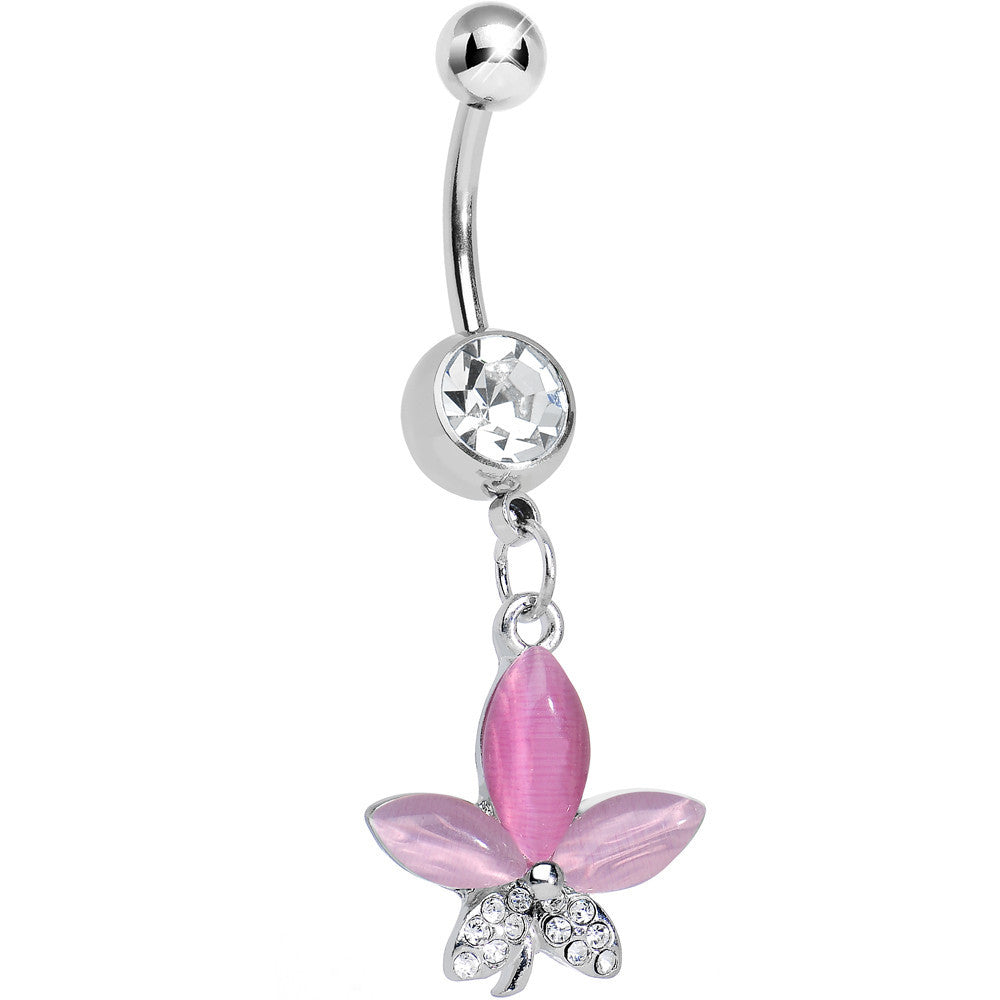 Clear Gem Blooming Pink Pearly Flower Dangle Belly Ring