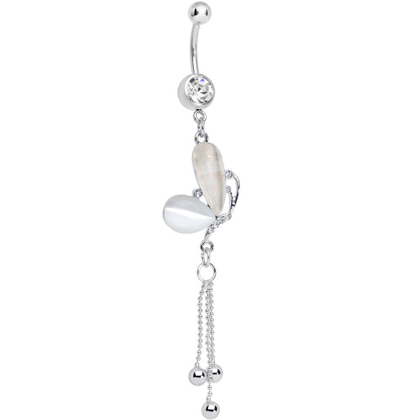 Clear Gem White Pearlescent Butterfly Dangle Belly Ring