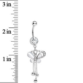 Clear Gem Silver Beads White Pearly Butterfly Dangle Belly Ring
