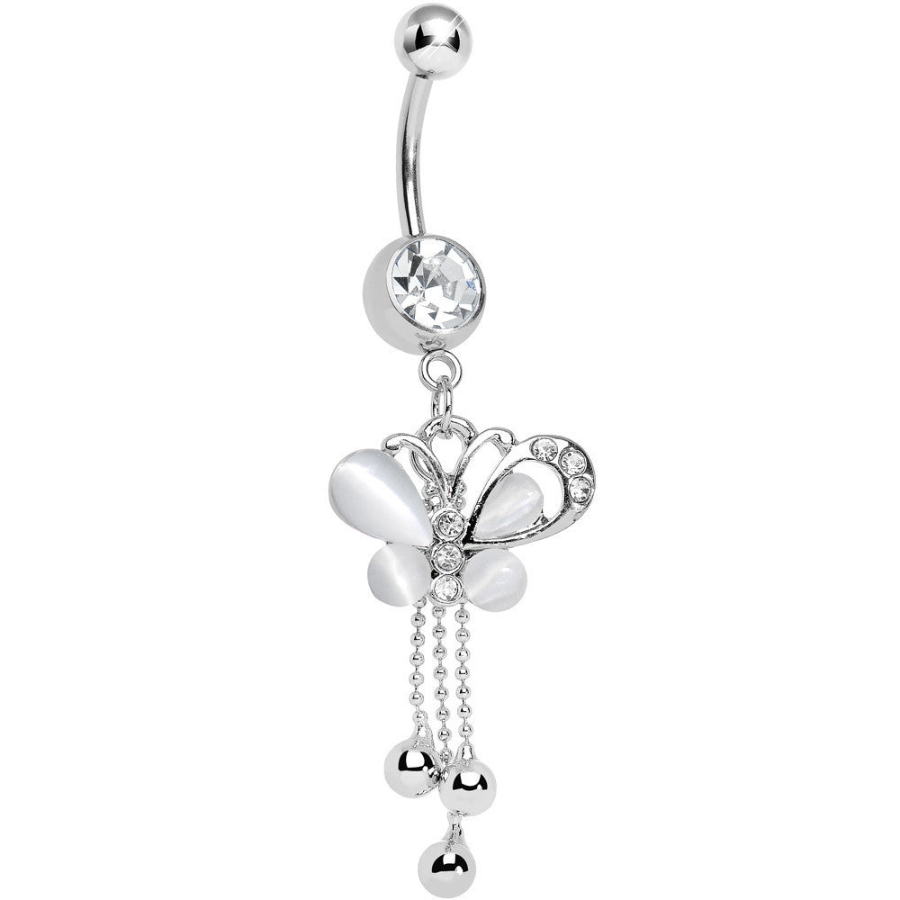 Clear Gem Silver Beads White Pearly Butterfly Dangle Belly Ring